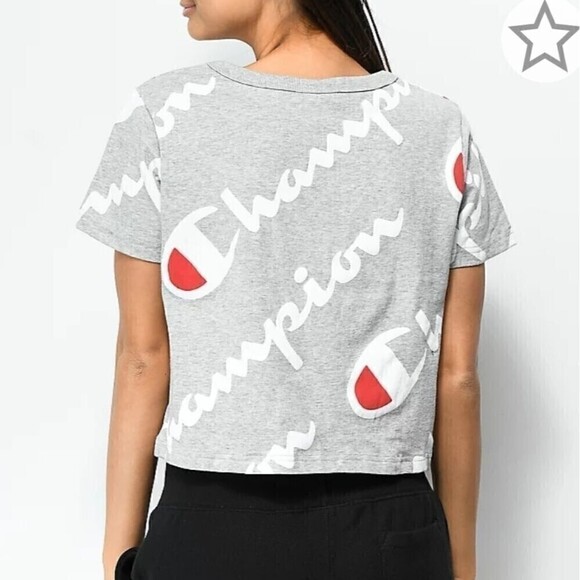 Champion Heritage Athletic Gray All Over Script Logo Crop Top T Shirt Medium - Picture 3 of 10